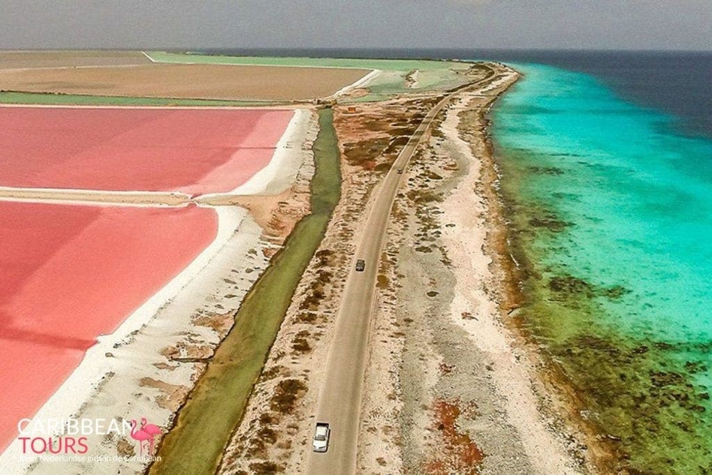 Landschap in het zuiden van Bonaire met zoutpannen langs de kust